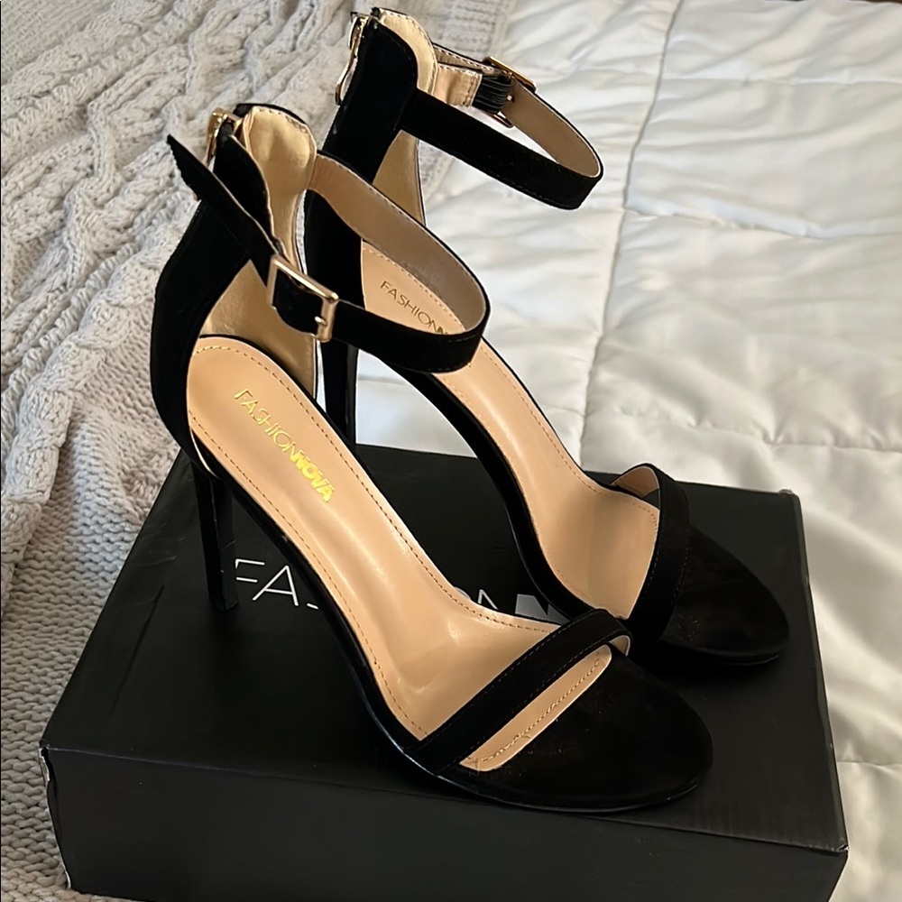 Fashion Nova Black Stiletto Heels “Strapped Success Heel”